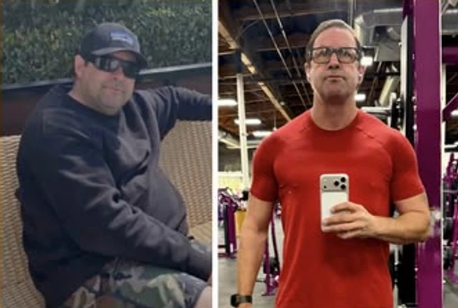 A man in his forties standing in a home gym after twelve weeks of coaching